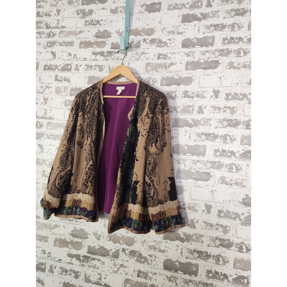 Boho Floral‎ Pleated Cardigan Large Muticolor Abstract Artsy Open Front Jacket - Picture 5 of 16